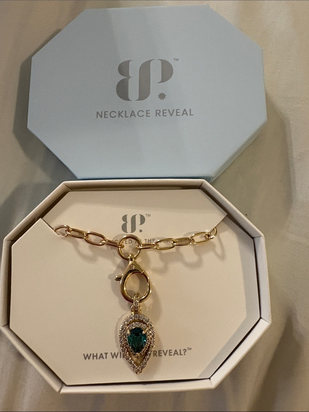 bp Gold Chain Necklace with Green Teardrop Pendant